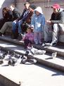 Kids feeding pigeons